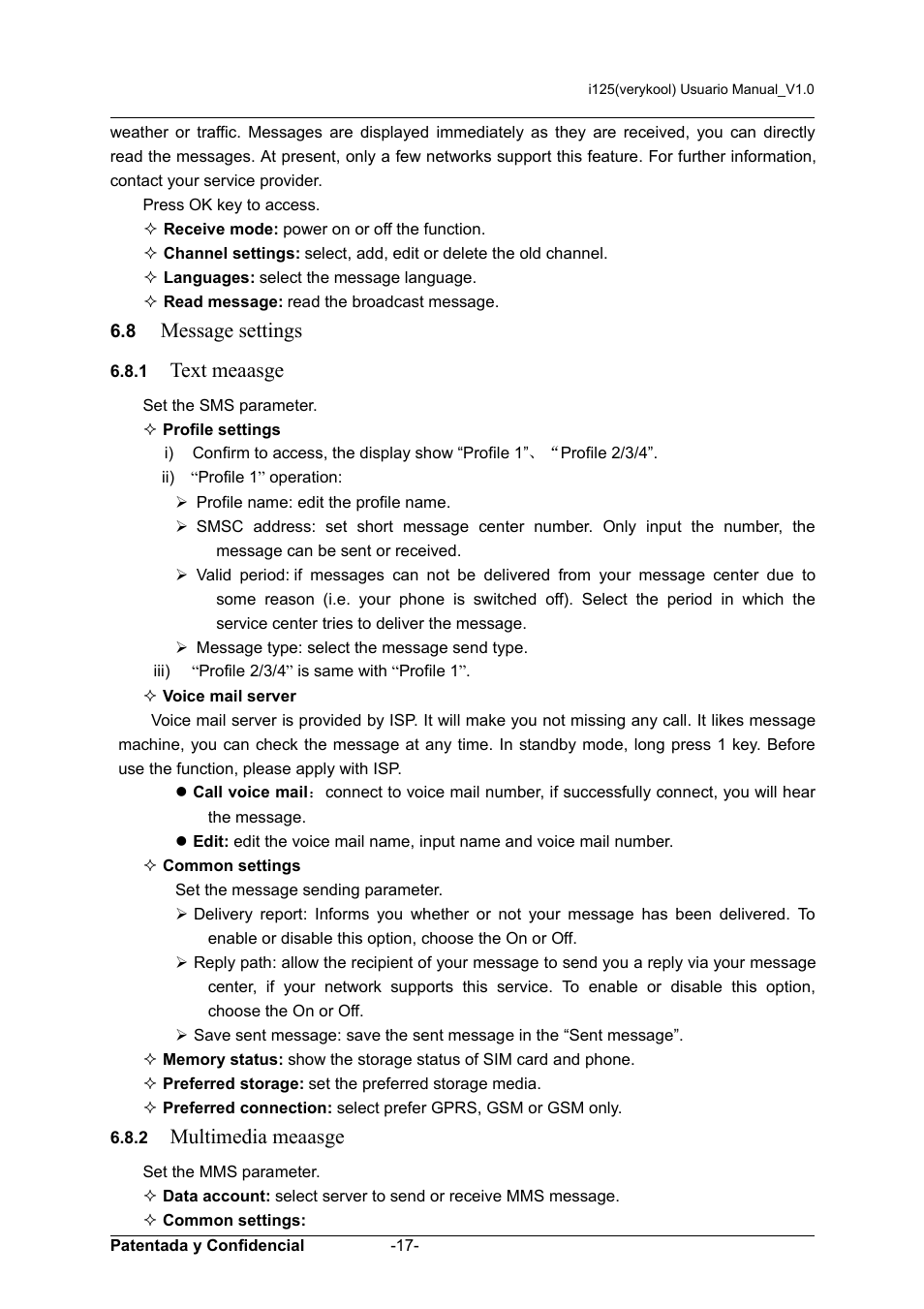 Message settings, Text meaasge, Multimedia meaasge | Verykool i125 User Manual | Page 17 / 30