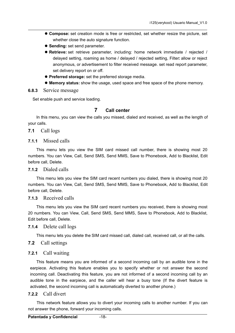 7 call center, Service message, Call logs | Missed calls, Dialed calls, Received calls, Delete call logs, Call settings, Call waiting, Call divert | Verykool i125 User Manual | Page 18 / 30