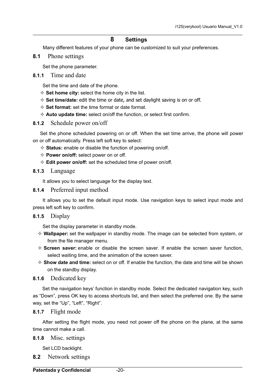 8 settings, Phone settings, Time and date | Schedule power on/off, Language, Preferred input method, Display, Dedicated key, Flight mode, Misc. settings | Verykool i125 User Manual | Page 20 / 30