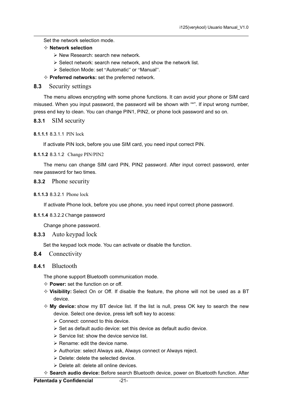 1 8.3.1.1 pin lock, 2 8.3.1.2 change pin/pin2, 3 8.3.2.1 phone lock | 4 8.3.2.2 change password, Security settings, Sim security, Phone security, Auto keypad lock, Connectivity, Bluetooth | Verykool i125 User Manual | Page 21 / 30