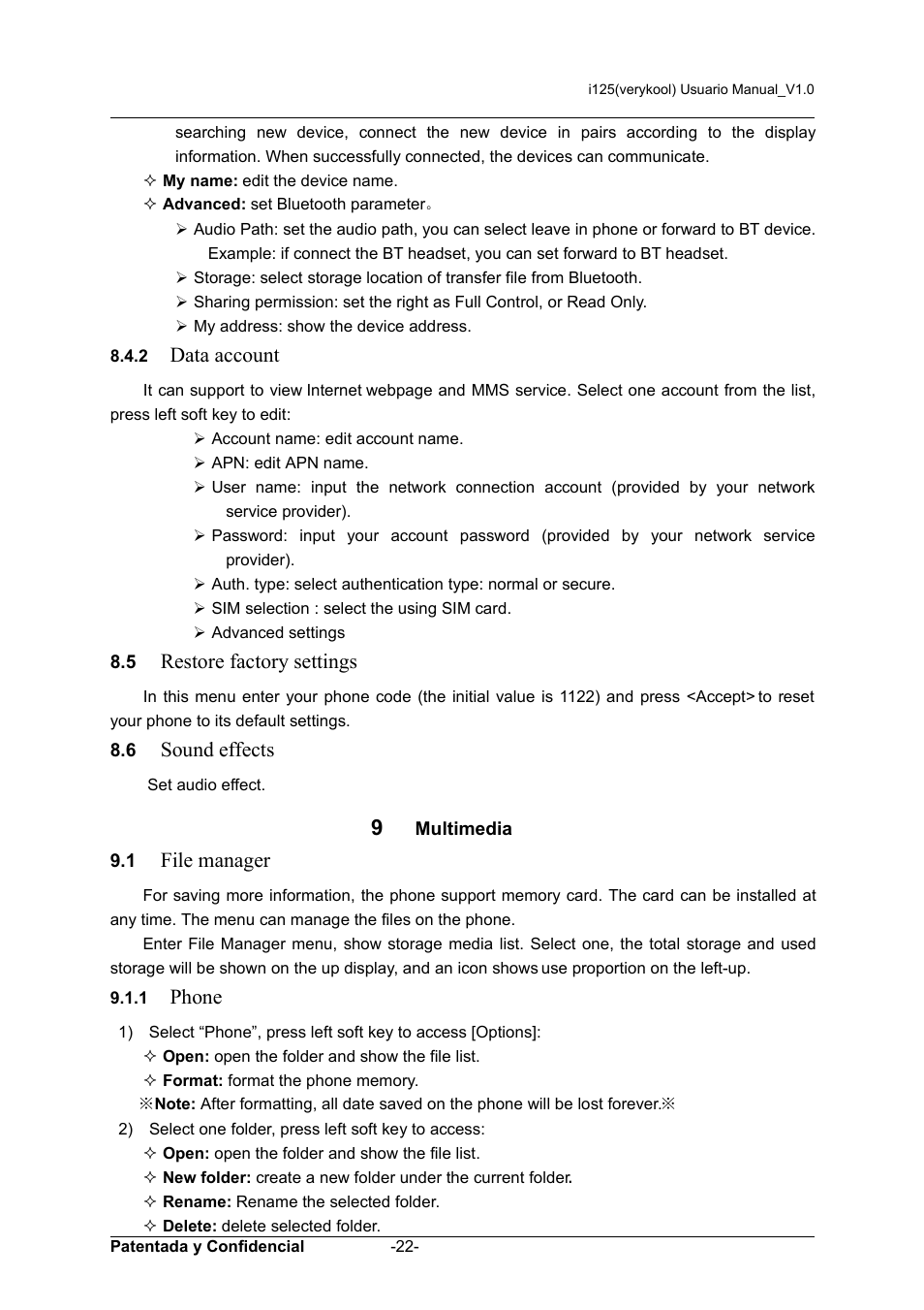 9 multimedia, Data account, Restore factory settings | Sound effects, File manager, Phone, Multimedia 9.1 | Verykool i125 User Manual | Page 22 / 30