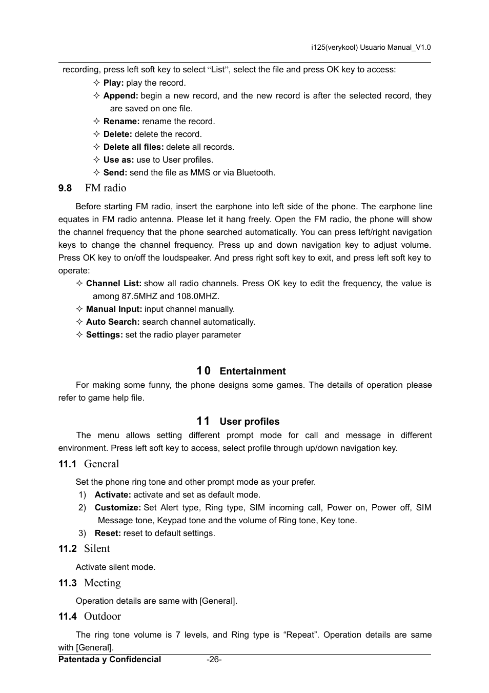 10 entertainment, 11 user profiles, Fm radio | General, Silent, Meeting, Outdoor, Entertainment, User profiles | Verykool i125 User Manual | Page 26 / 30