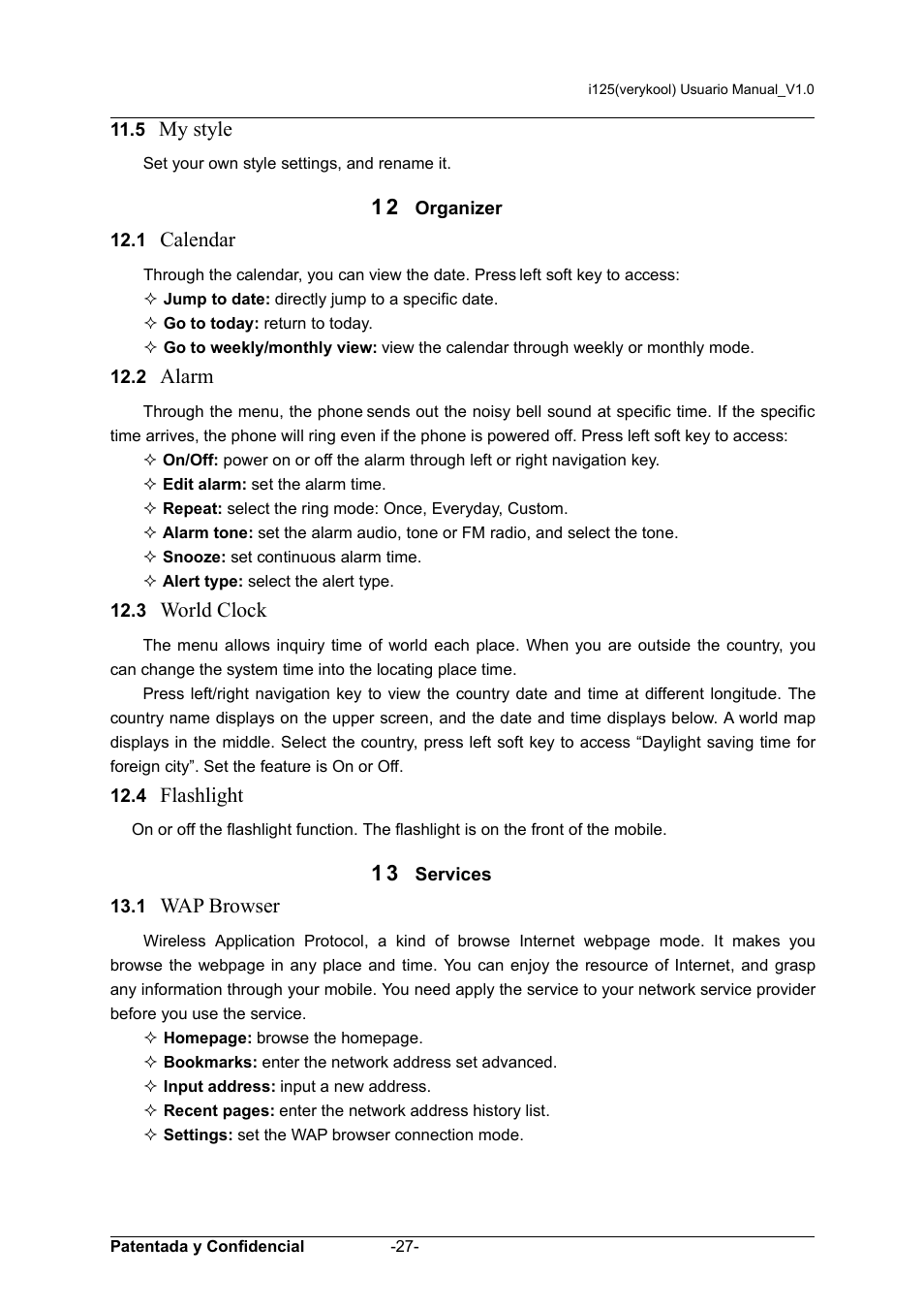 12 organizer, 13 services, My style | Calendar, Alarm, World clock, Flashlight, Wap browser | Verykool i125 User Manual | Page 27 / 30