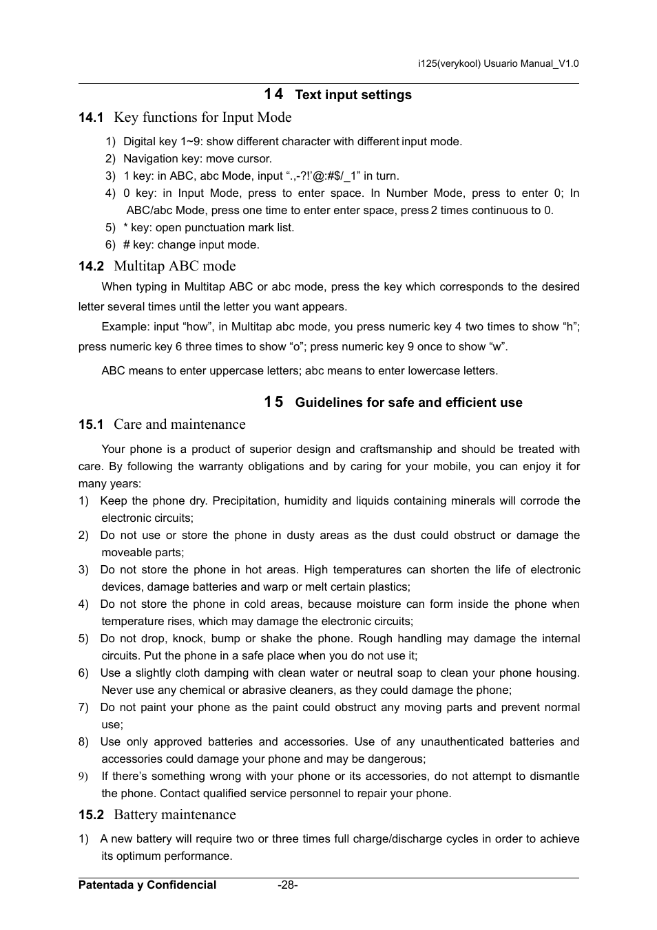 14 text input settings, 15 guidelines for safe and efficient use, Key functions for input mode | Multitap abc mode, Care and maintenance, Battery maintenance, Text input settings 14.1, Guidelines for safe and efficient use 15.1 | Verykool i125 User Manual | Page 28 / 30