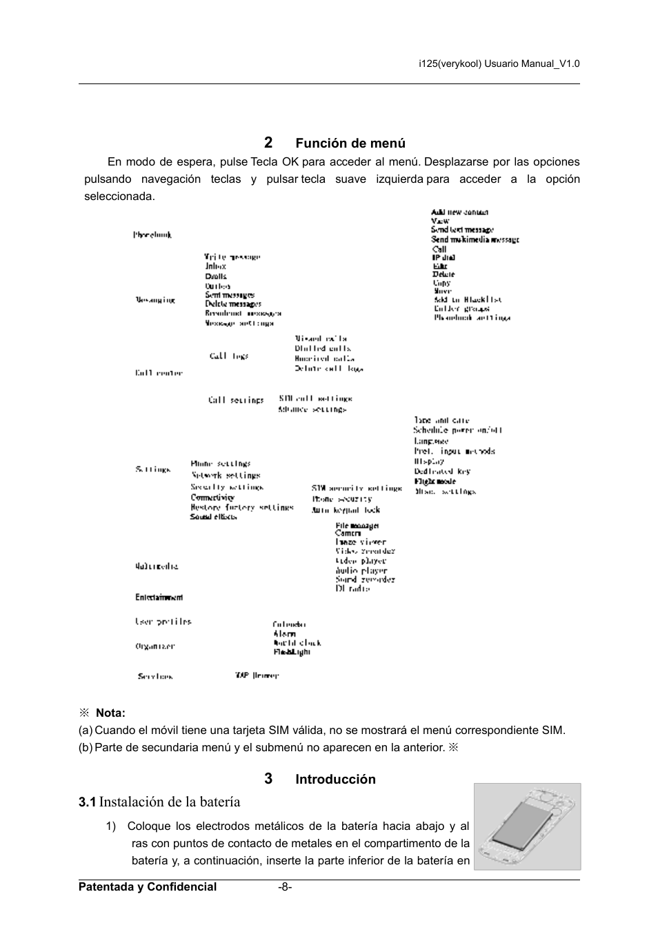 2 función de menú, 3 introducción, Instalación de la batería | Verykool i125 User Manual | Page 8 / 30