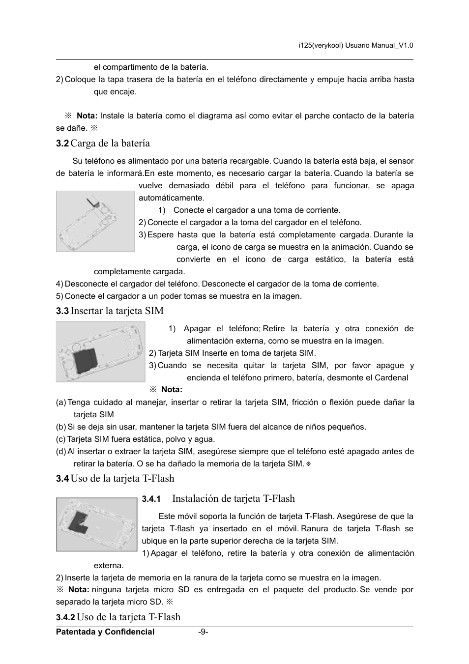 Carga de la batería, Insertar la tarjeta sim, Uso de la tarjeta t-flash | Instalación de tarjeta t-flash | Verykool i125 User Manual | Page 9 / 30