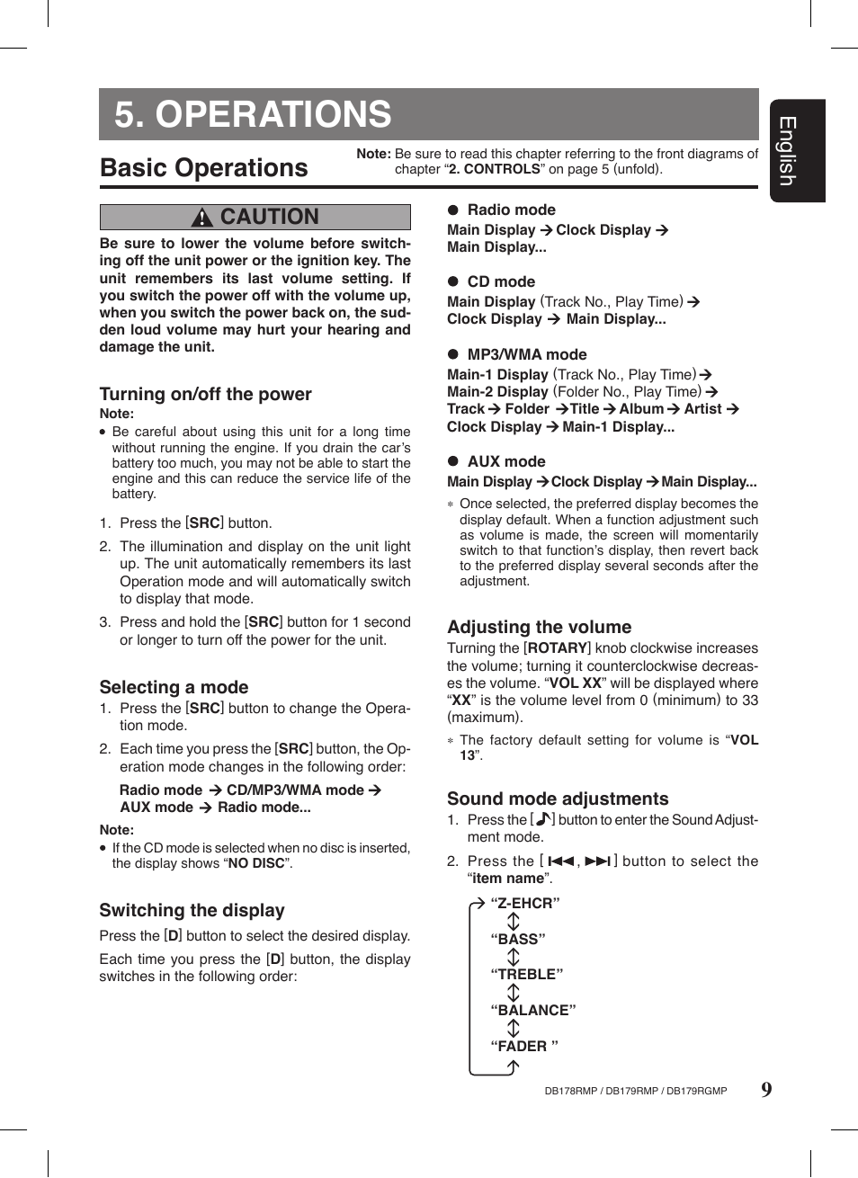 Operations, Basic operations, 9english | Caution | Clarion DB179RGMP User Manual | Page 10 / 28