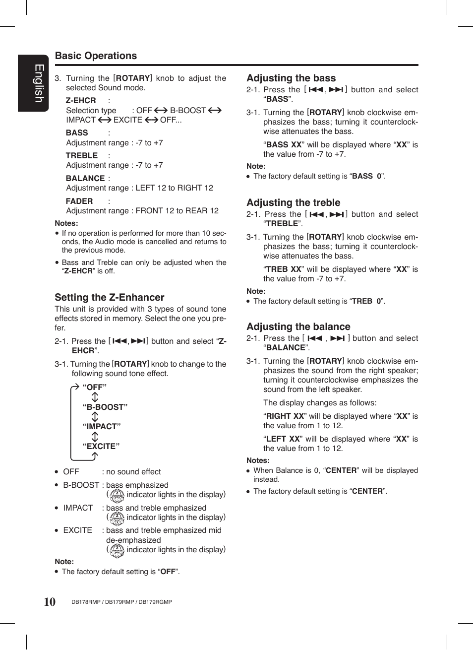 10 english, Setting the z-enhancer, Basic operations | Adjusting the bass, Adjusting the treble, Adjusting the balance | Clarion DB179RGMP User Manual | Page 11 / 28