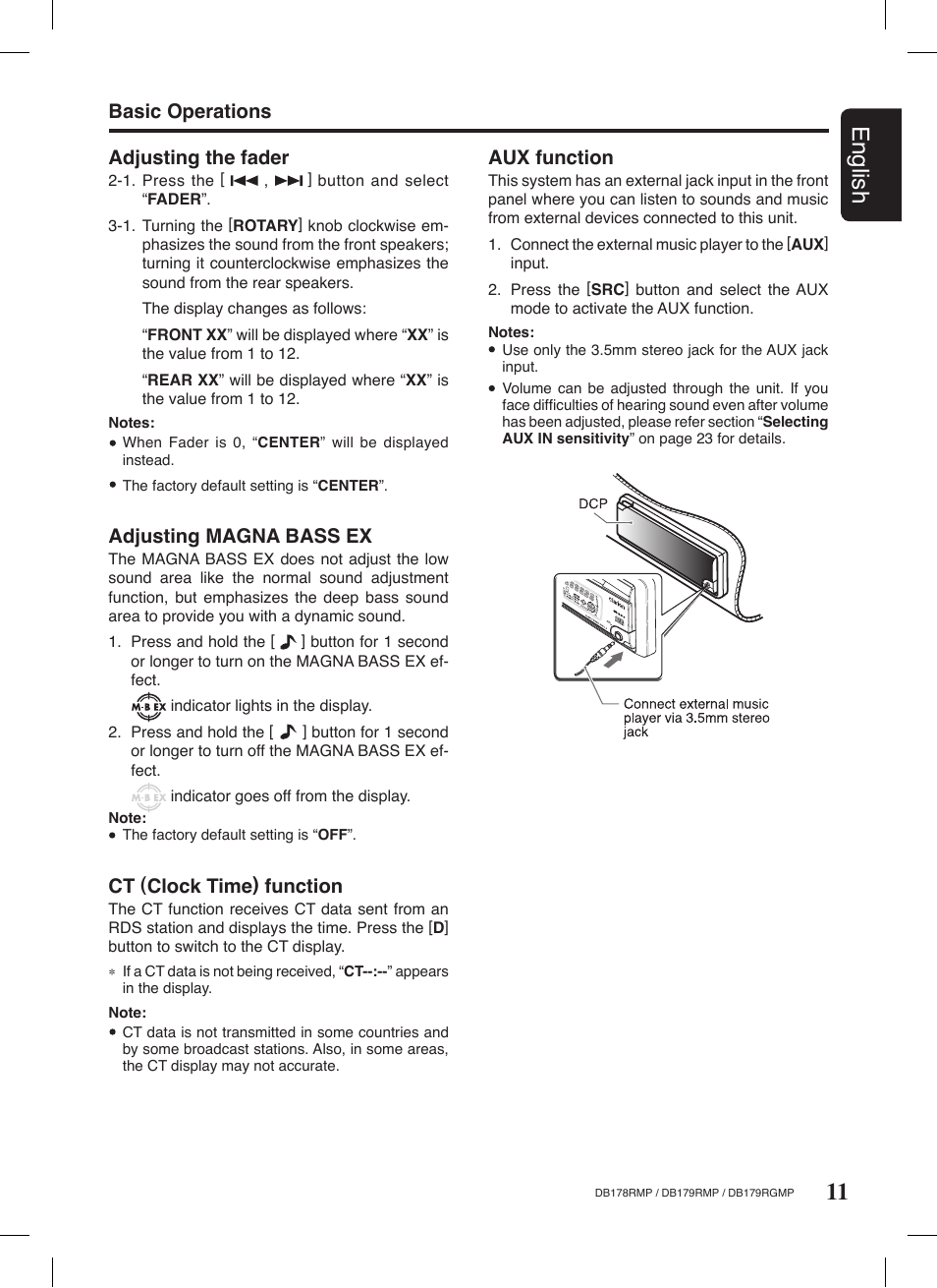 11 english, Basic operations adjusting magna bass ex, Ct (clock time) function | Aux function, Adjusting the fader | Clarion DB179RGMP User Manual | Page 12 / 28