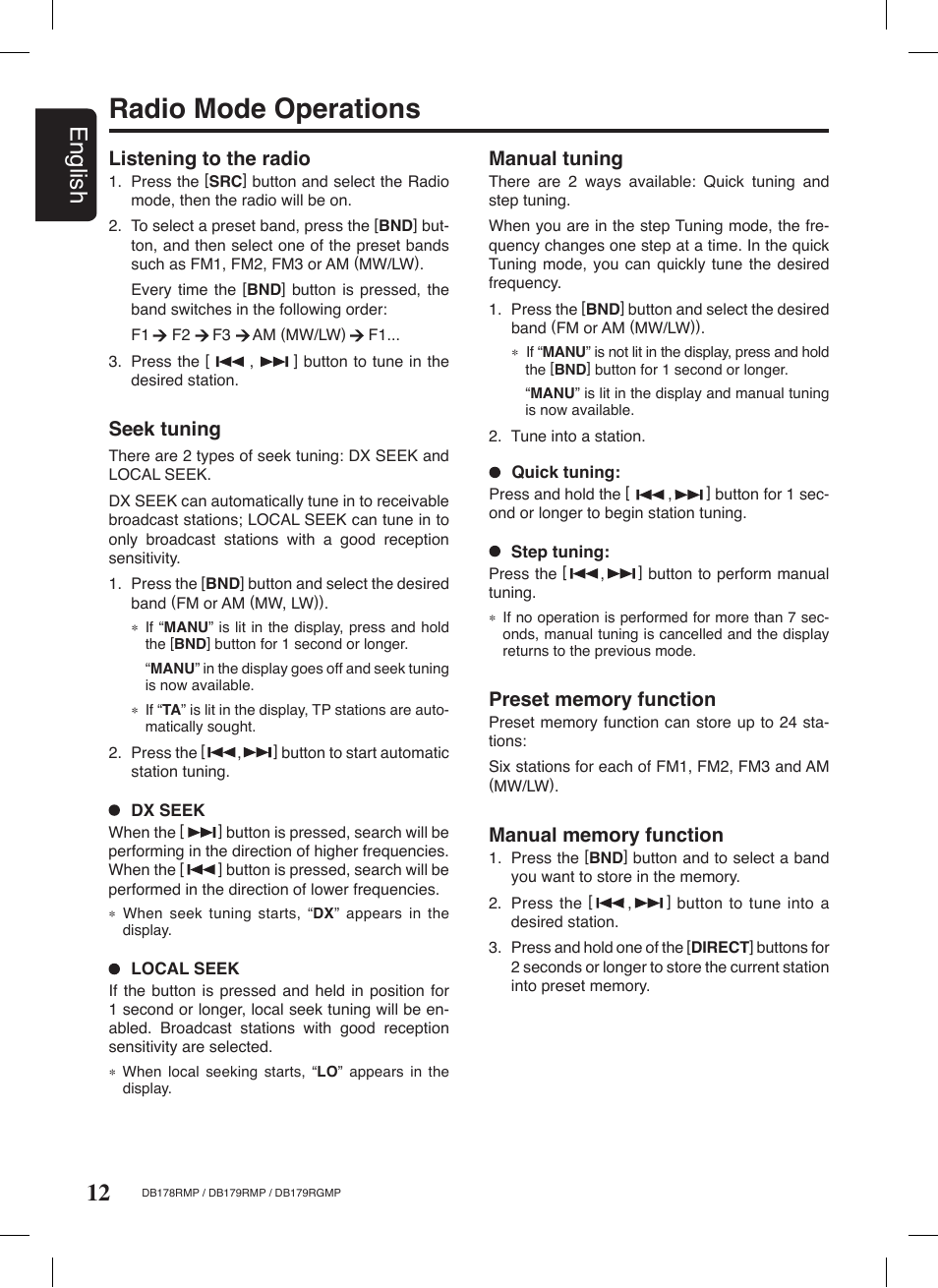Radio mode operations, 12 english, Manual tuning | Listening to the radio, Seek tuning | Clarion DB179RGMP User Manual | Page 13 / 28