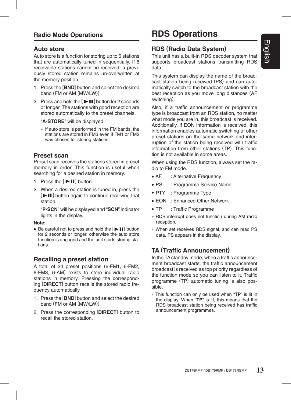 Rds operations, 13 english, Auto store | Recalling a preset station, Radio mode operations preset scan, Rds (radio data system), Ta (trafﬁc announcement) | Clarion DB179RGMP User Manual | Page 14 / 28