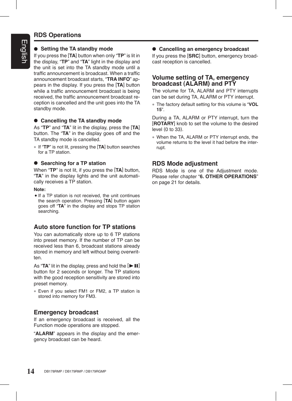 14 english, Rds operations, Auto store function for tp stations | Emergency broadcast, Rds mode adjustment | Clarion DB179RGMP User Manual | Page 15 / 28