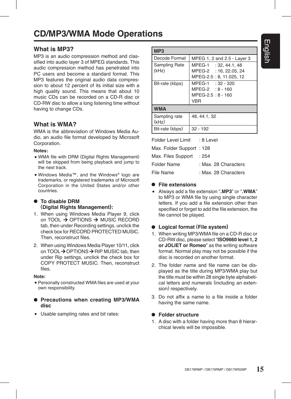 Cd/mp3/wma mode operations, 15 english, What is mp3 | What is wma | Clarion DB179RGMP User Manual | Page 16 / 28