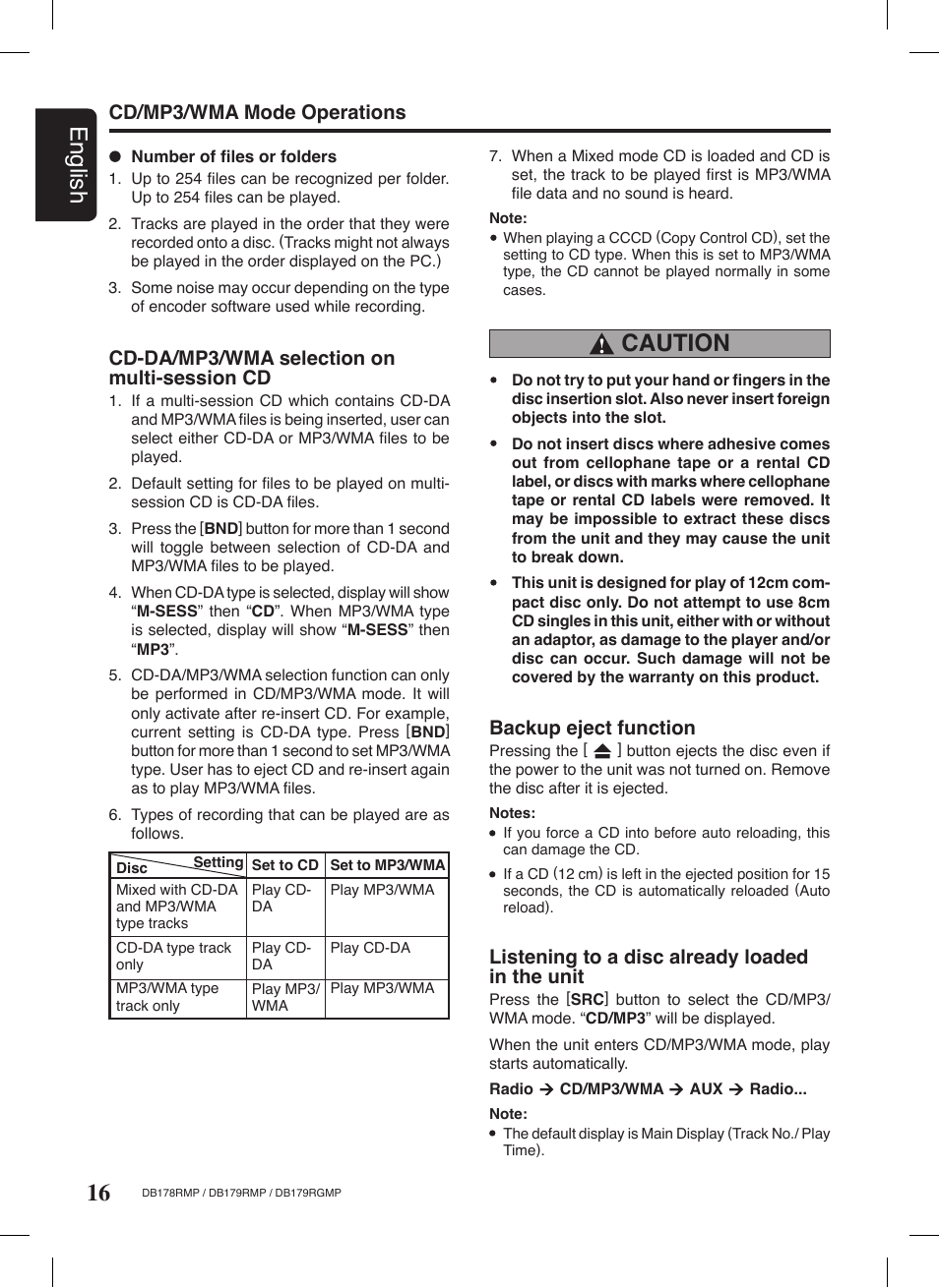 16 english, Caution, Backup eject function | Listening to a disc already loaded in the unit, Cd/mp3/wma mode operations, Cd-da/mp3/wma selection on multi-session cd | Clarion DB179RGMP User Manual | Page 17 / 28