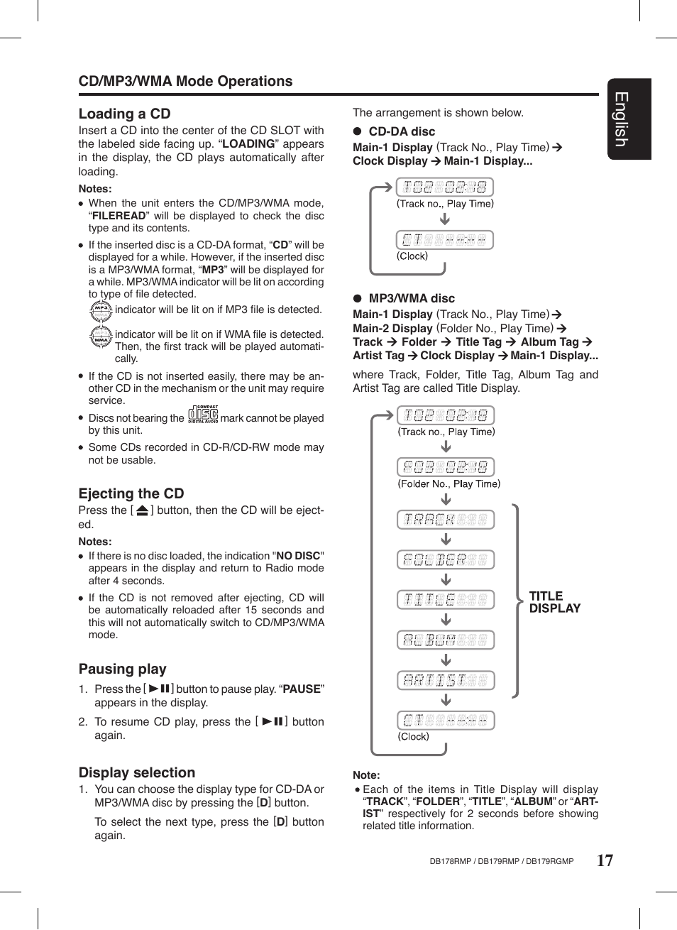 17 english, Cd/mp3/wma mode operations display selection, Loading a cd | Pausing play, Ejecting the cd | Clarion DB179RGMP User Manual | Page 18 / 28