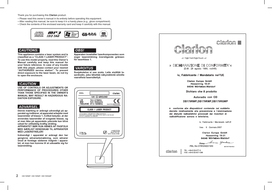 Cautions, Caution advarsel. obs! varoitus | Clarion DB179RGMP User Manual | Page 2 / 28