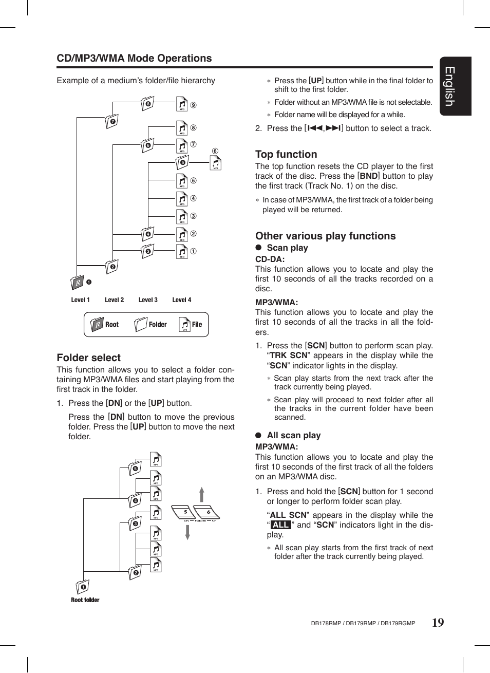 19 english, Top function, Folder select | Clarion DB179RGMP User Manual | Page 20 / 28