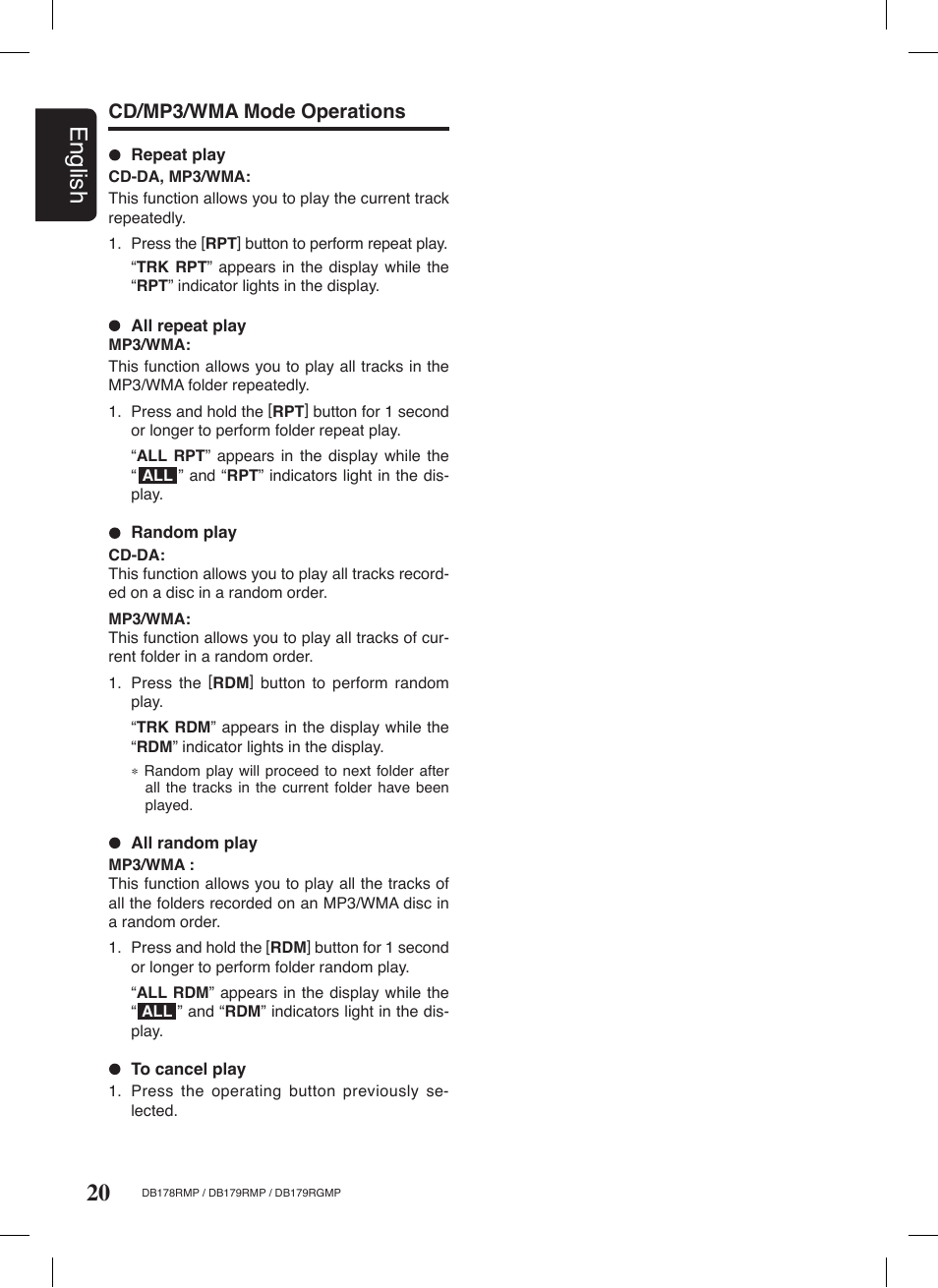 20 english, Cd/mp3/wma mode operations | Clarion DB179RGMP User Manual | Page 21 / 28