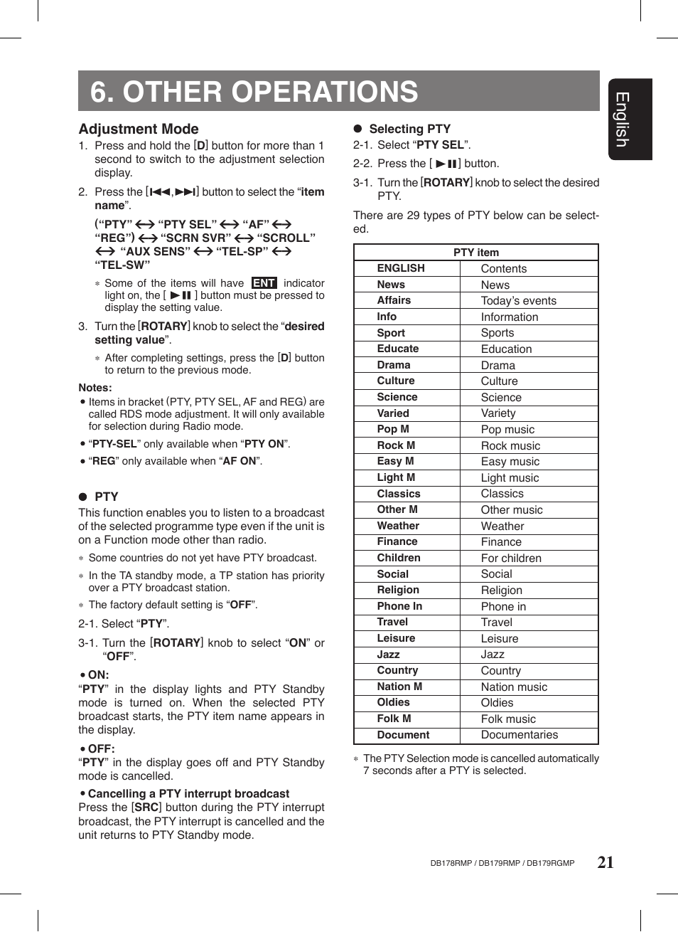 Other operations, 21 english, Adjustment mode | Clarion DB179RGMP User Manual | Page 22 / 28