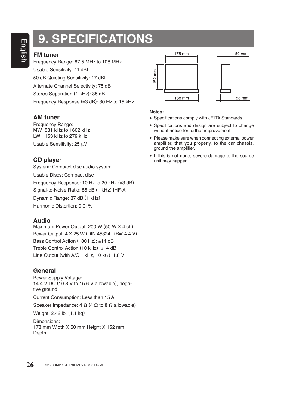 Specifications, 26 english | Clarion DB179RGMP User Manual | Page 27 / 28