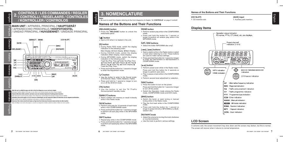Nomenclature, Names of the buttons and their functions, Display items lcd screen | English | Clarion DB179RGMP User Manual | Page 7 / 28