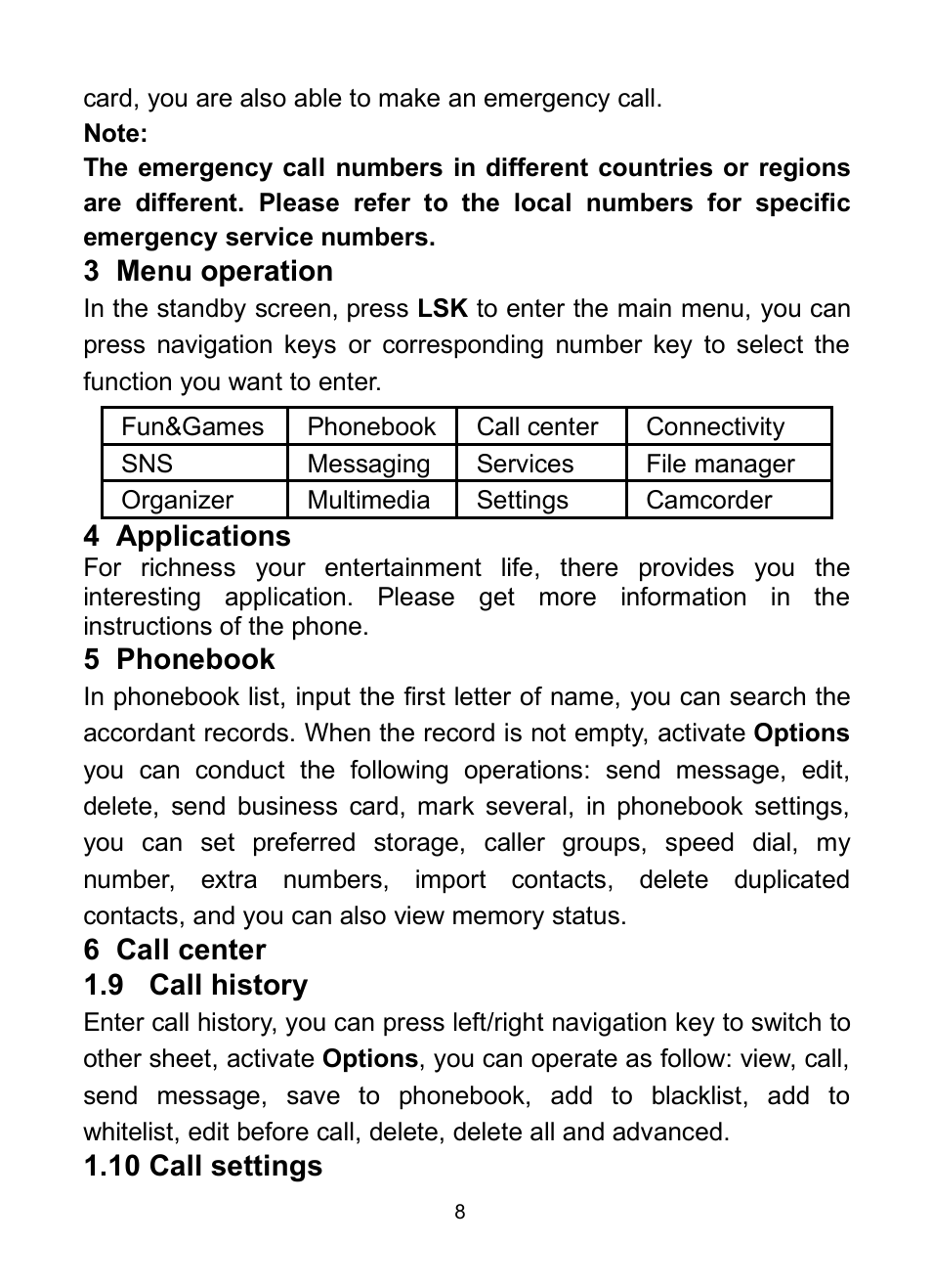 9 call history, 10 call settings, History | 10 c, Settings | Verykool R623 User Manual | Page 12 / 20