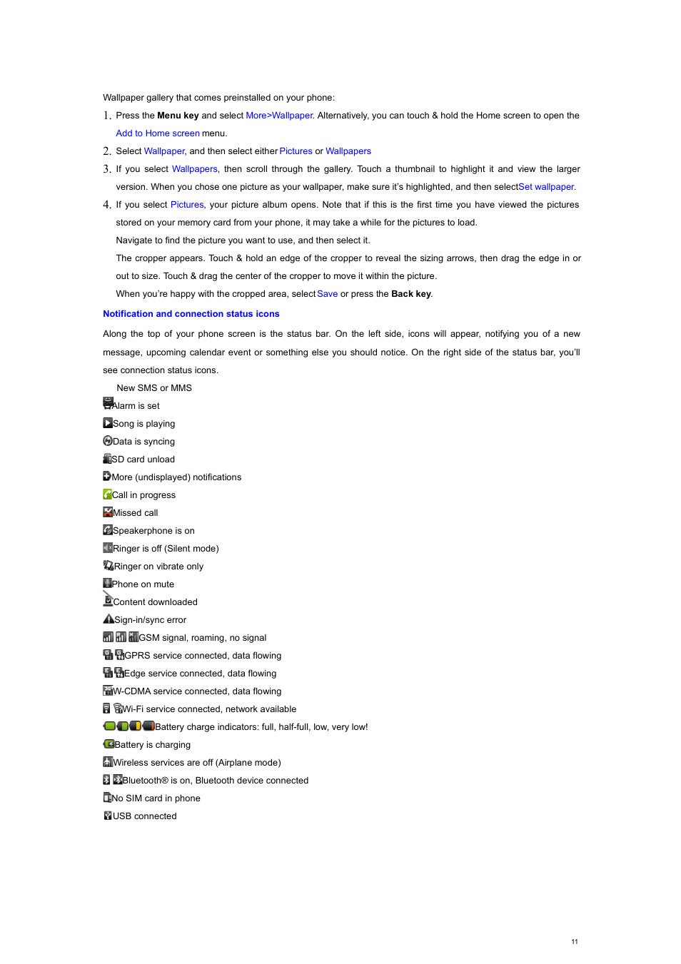 Notification and connection status icons | Verykool s700 User Manual | Page 11 / 35