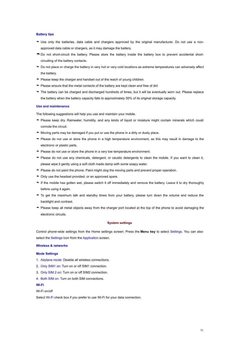 Battery tips, Use and maintenance, System settings | Wireless & networks | Verykool s700 User Manual | Page 13 / 35