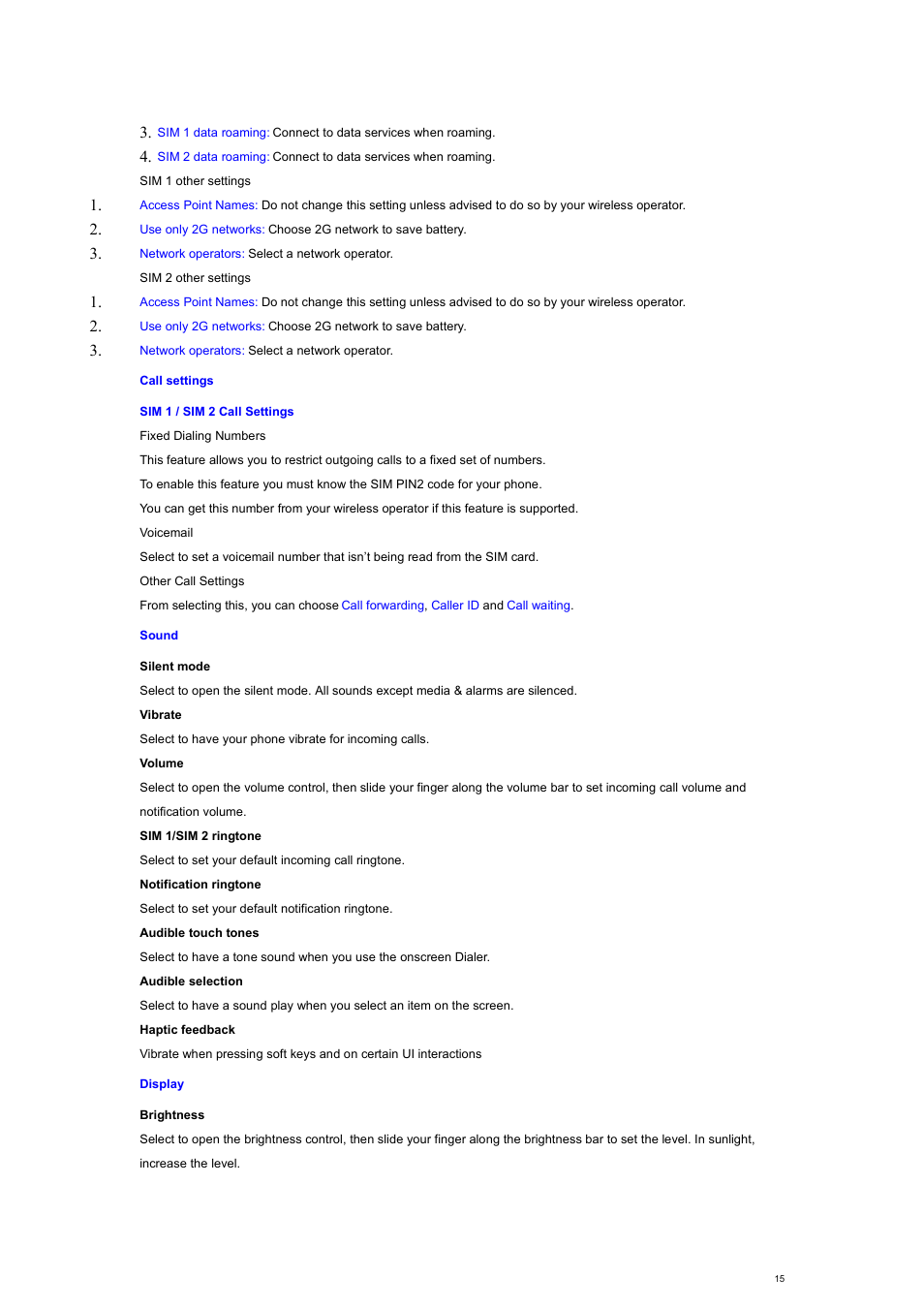 Call settings, Sound, Display | Verykool s700 User Manual | Page 15 / 35