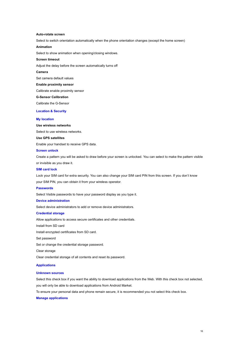 Location & security, Applications | Verykool s700 User Manual | Page 16 / 35