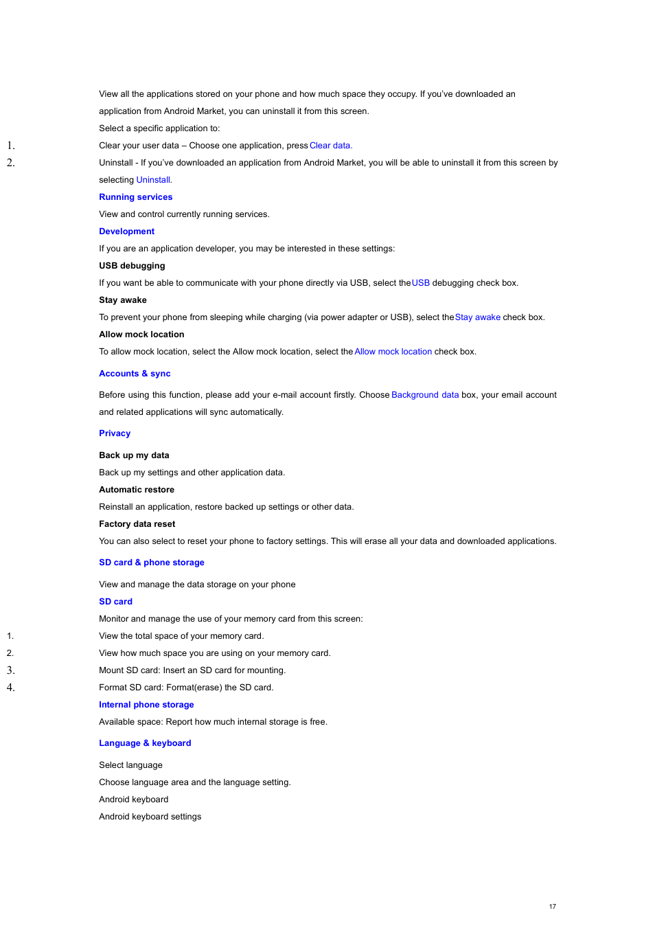 Accounts & sync, Privacy, Sd card & phone storage | Language & keyboard | Verykool s700 User Manual | Page 17 / 35