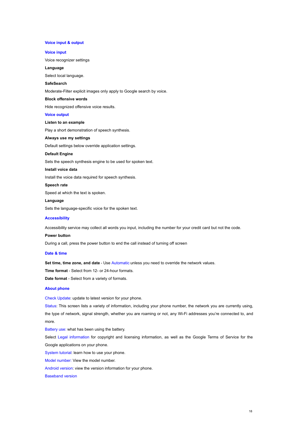 Voice input & output, Accessibility, Date & time | About phone | Verykool s700 User Manual | Page 18 / 35