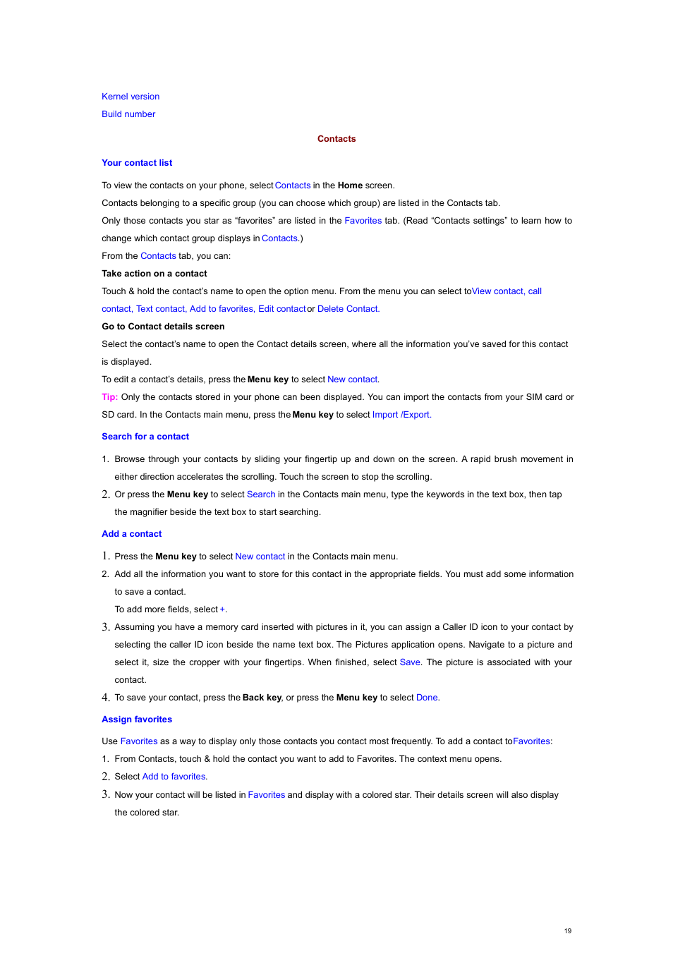 Contacts, Your contact list, Search for a contact | Add a contact, Assign favorites | Verykool s700 User Manual | Page 19 / 35