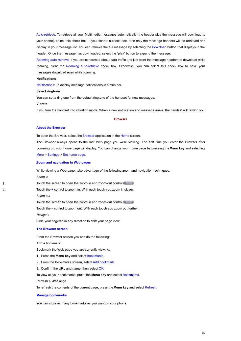Browser, About the browser, The browser screen | Manage bookmarks | Verykool s700 User Manual | Page 25 / 35