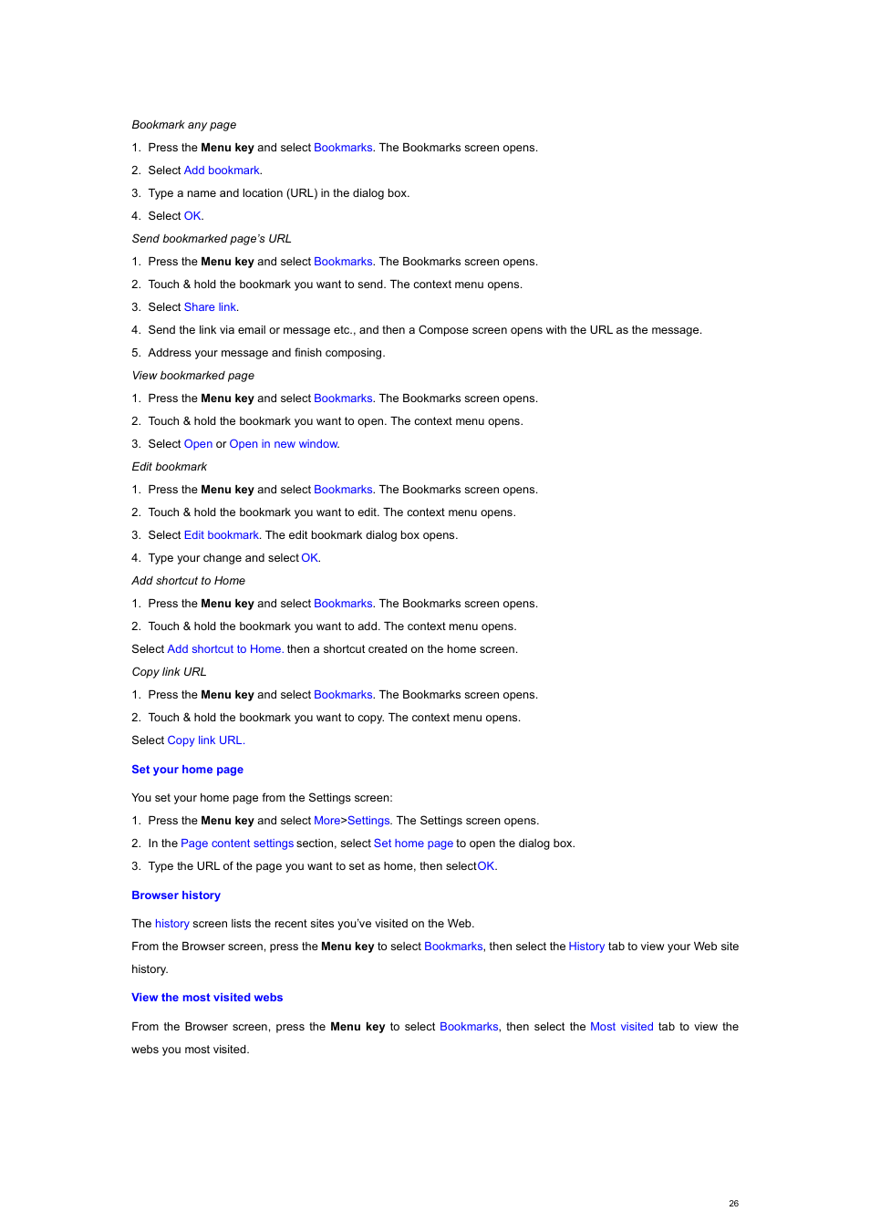 Browser history, View the most visited webs | Verykool s700 User Manual | Page 26 / 35