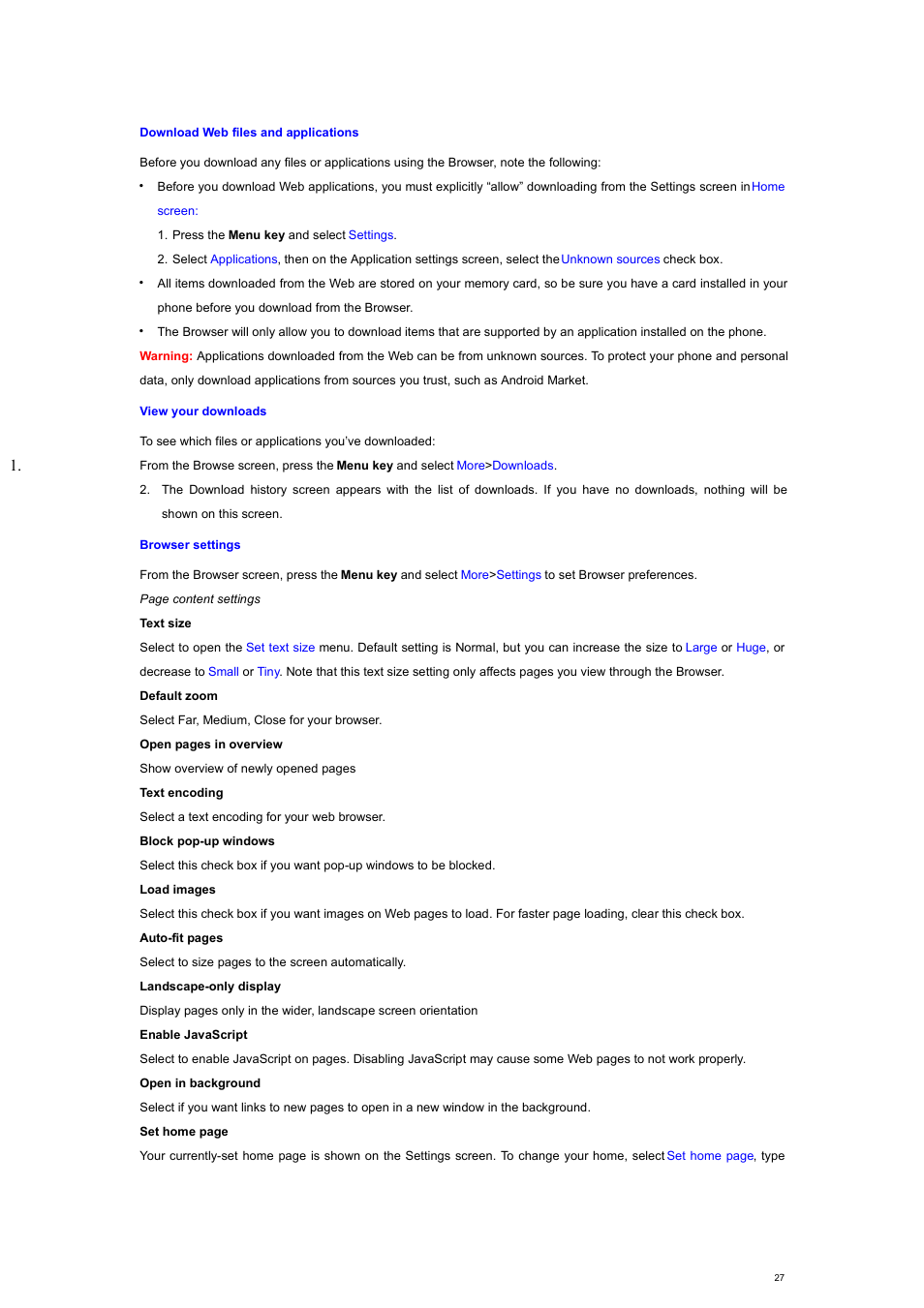 Download web files and applications, View your downloads, Browser settings | Verykool s700 User Manual | Page 27 / 35