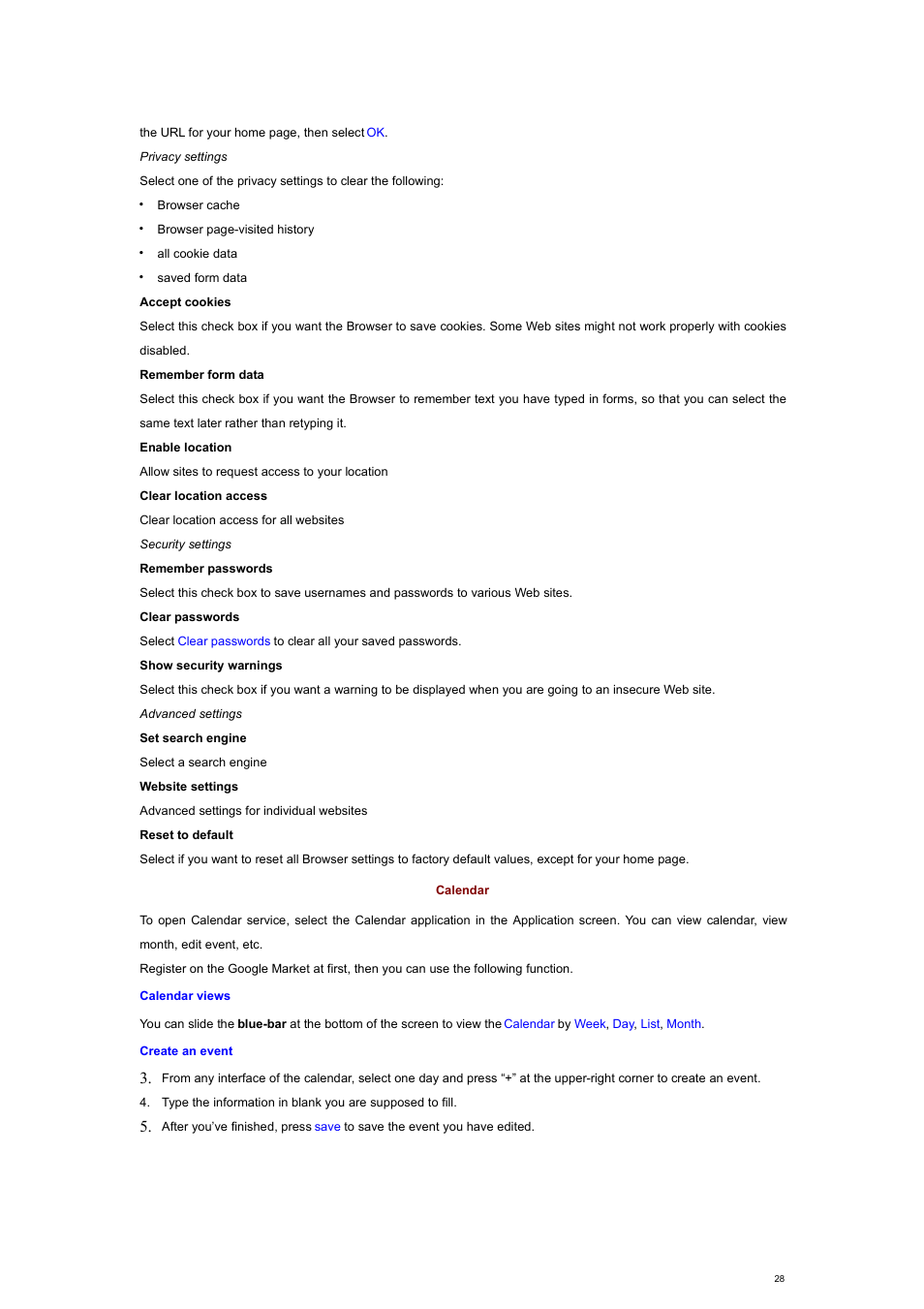 Calendar, Calendar views, Create an event | Verykool s700 User Manual | Page 28 / 35