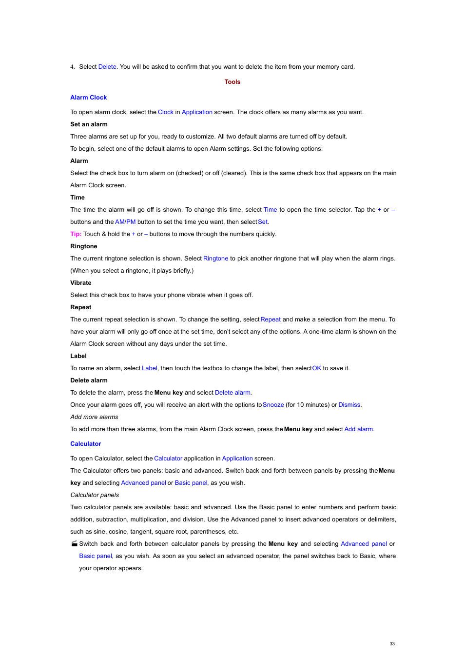 Tools, Alarm clock, Calculator | Verykool s700 User Manual | Page 33 / 35