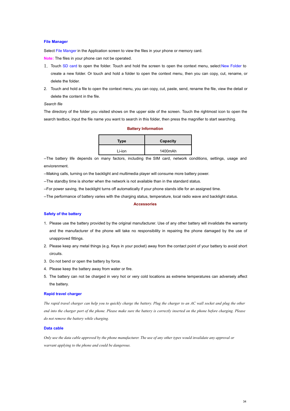 File manager, Battery information, Accessories | Safety of the battery, Rapid travel charger, Data cable | Verykool s700 User Manual | Page 34 / 35