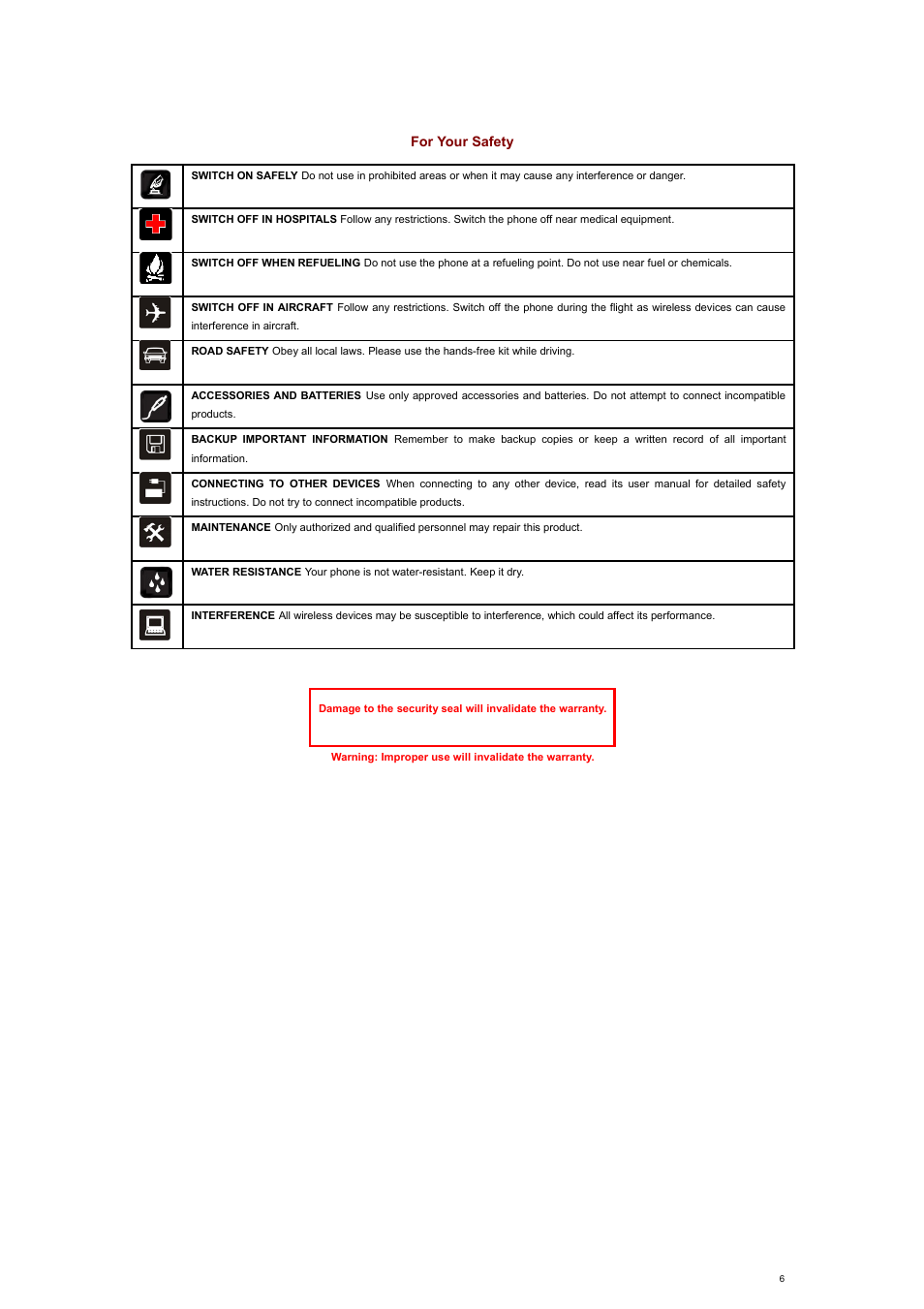For your safety | Verykool s700 User Manual | Page 6 / 35