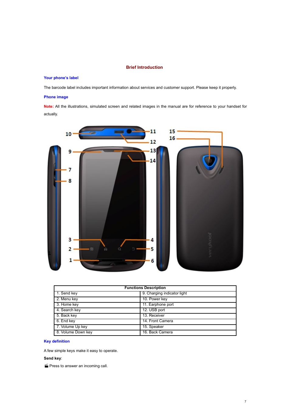 Brief introduction, Your phone’s label, Phone image | Key definition | Verykool s700 User Manual | Page 7 / 35