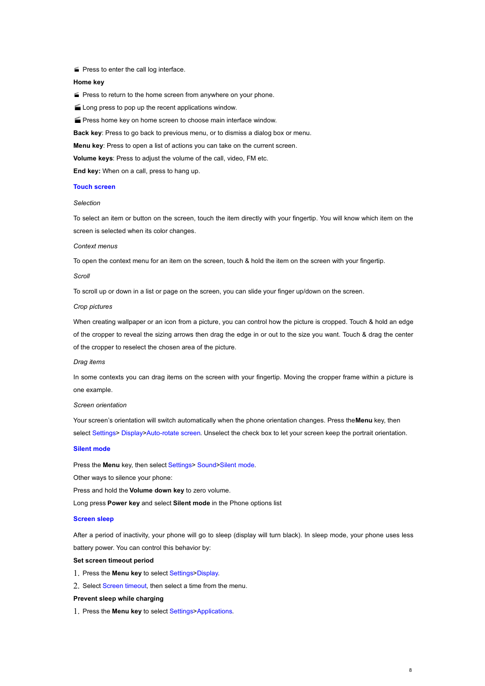 Touch screen, Selection, Context menus | Scroll, Crop pictures, Drag items, Screen orientation, Silent mode, Screen sleep | Verykool s700 User Manual | Page 8 / 35