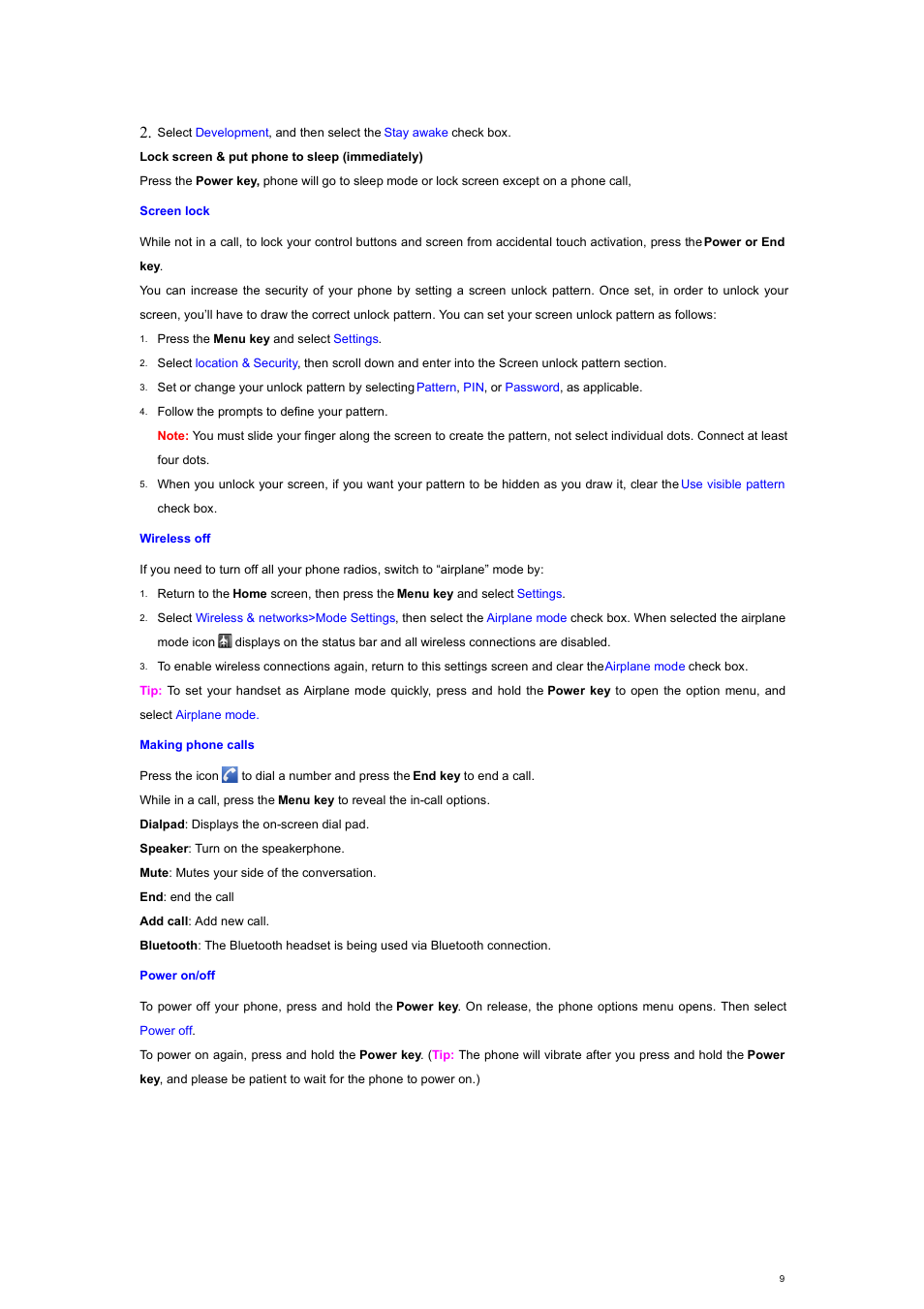Screen lock, Wireless off, Making phone calls | Power on/off | Verykool s700 User Manual | Page 9 / 35