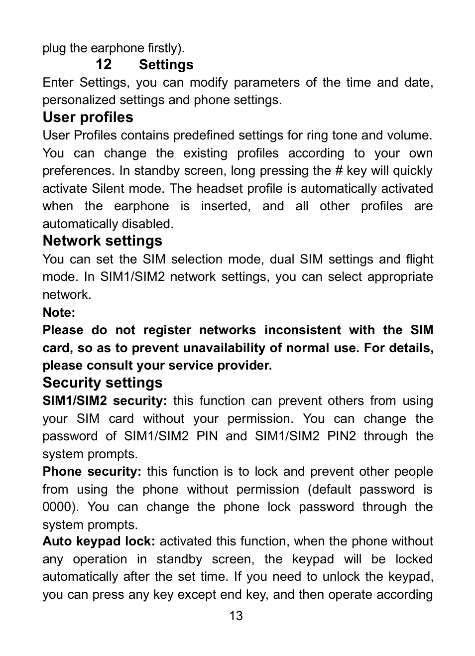 12 user profiles, 13 network settings, 14 security settings | Verykool R25 User Manual | Page 17 / 21