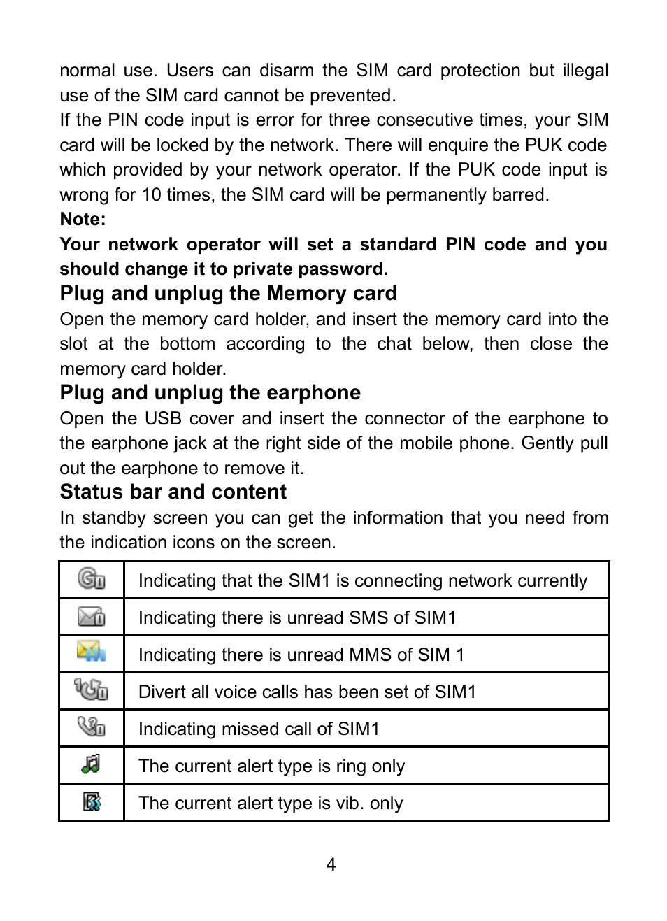 3 plug and unplug the memory card, 4 plug and unplug the earphone, 5 status bar and content | Verykool R25 User Manual | Page 8 / 21