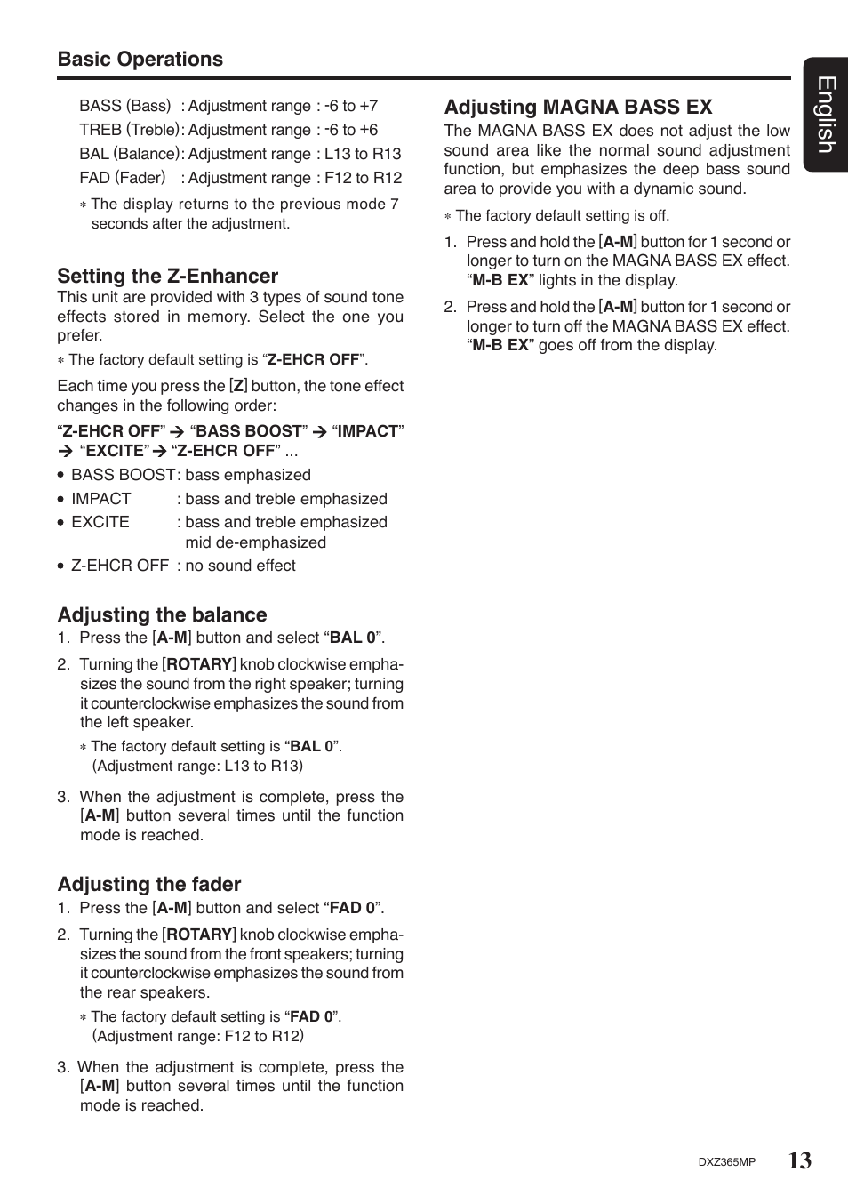 13 english, Basic operations setting the z-enhancer, Adjusting the balance | Adjusting the fader, Adjusting magna bass ex | Clarion DXZ365MP User Manual | Page 13 / 30
