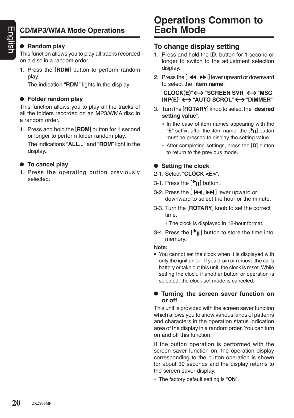 Operations common to each mode, 20 english, Cd/mp3/wma mode operations | Clarion DXZ365MP User Manual | Page 20 / 30