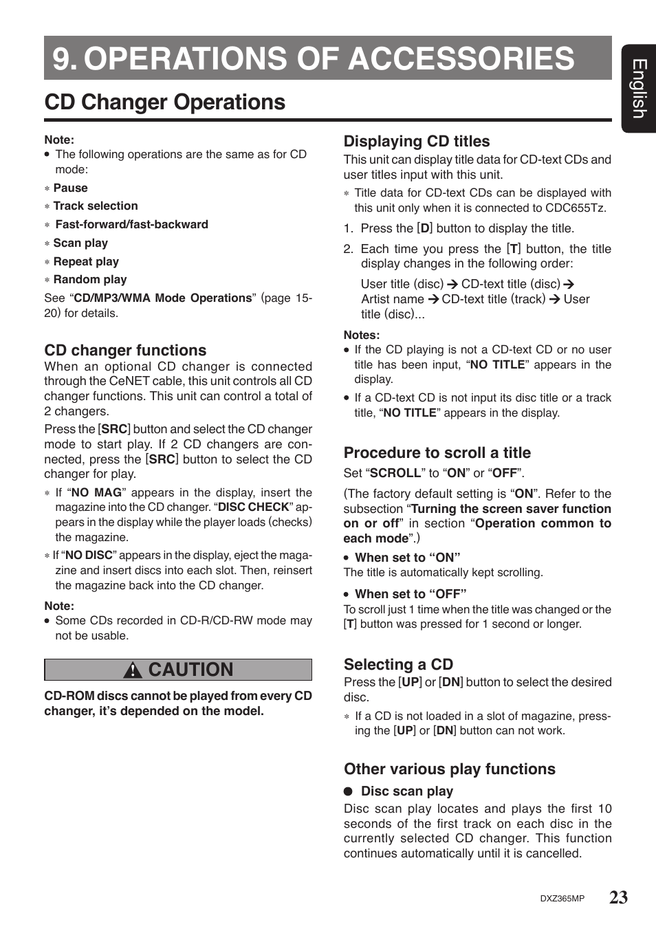Operations of accessories, Cd changer operations, 23 english | Caution, Cd changer functions, Displaying cd titles, Procedure to scroll a title, Selecting a cd, Other various play functions | Clarion DXZ365MP User Manual | Page 23 / 30