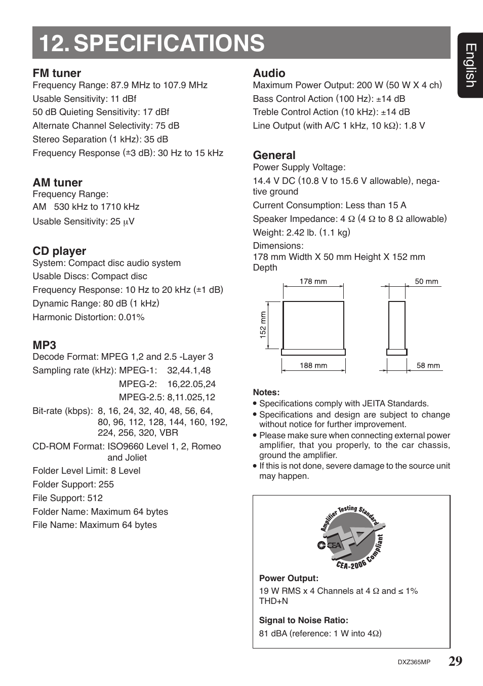Specifications, 29 english | Clarion DXZ365MP User Manual | Page 29 / 30