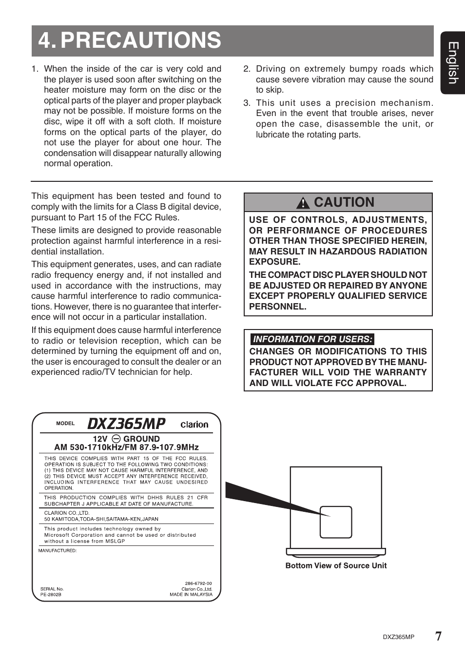 Precautions, 7english, Caution | Clarion DXZ365MP User Manual | Page 7 / 30